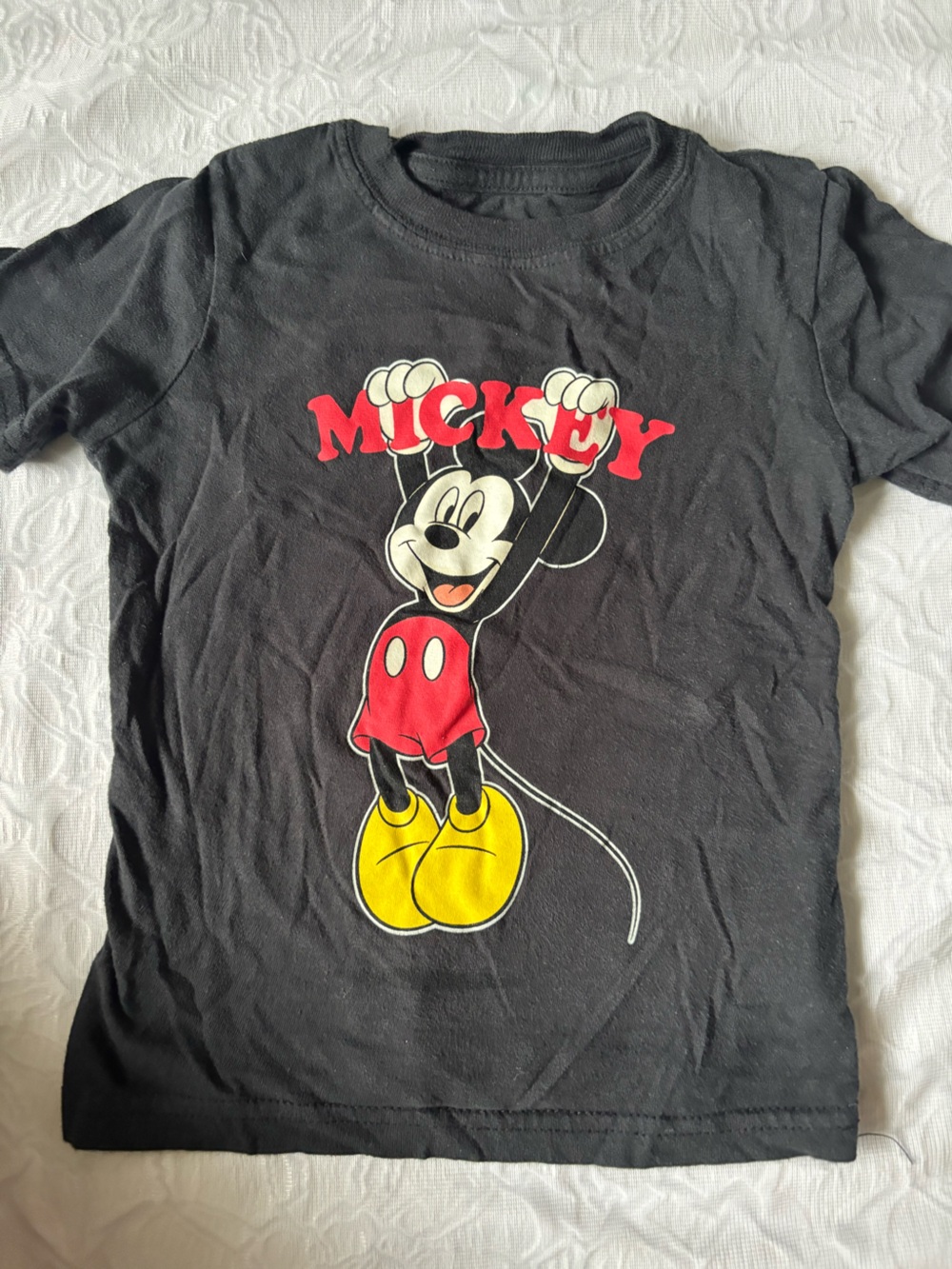 Disney Black Kids Tee with Mickey Graphic and Red & Yellow Accents